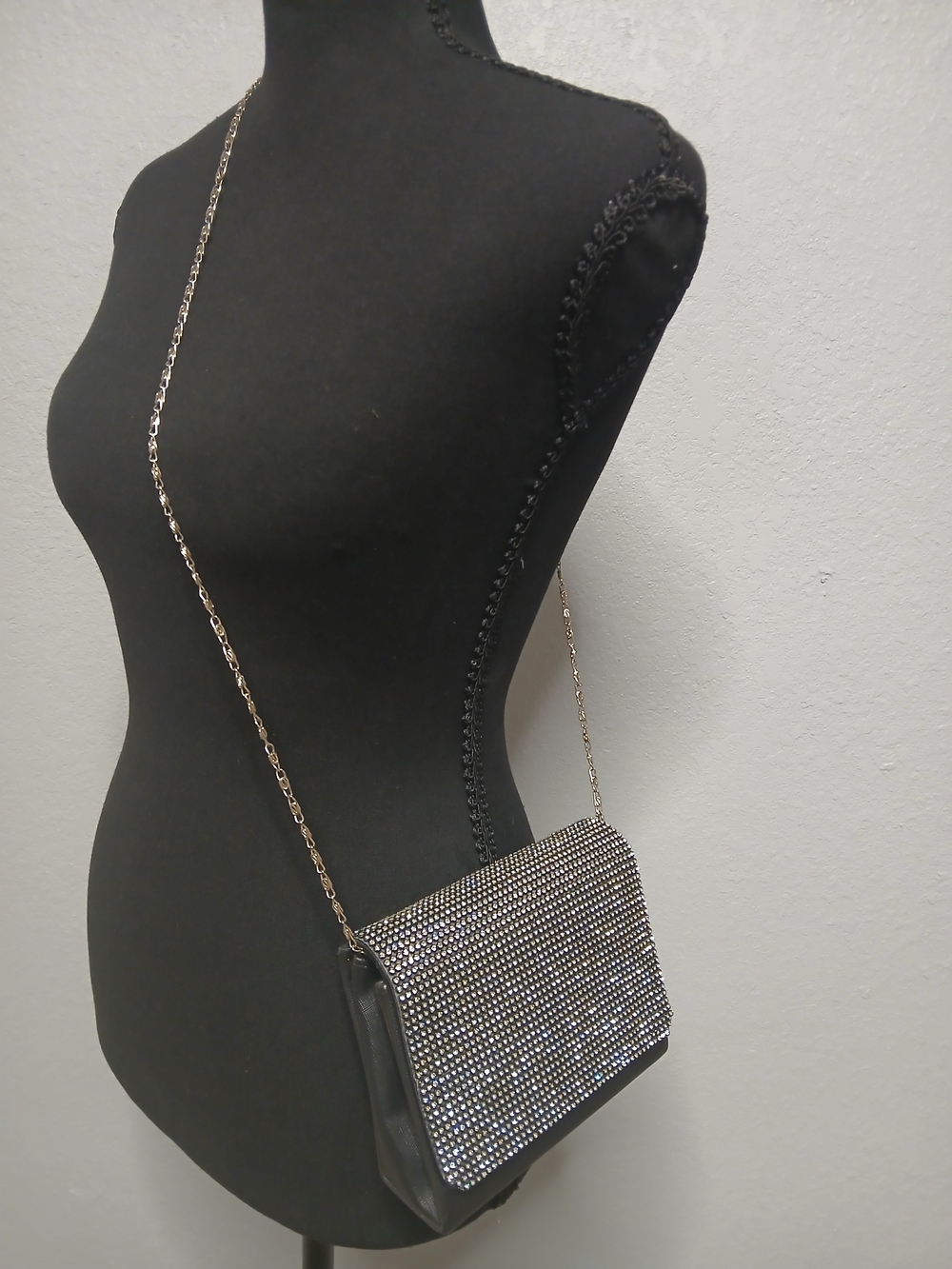 Black Rhinestone Chain Crossbody Bag